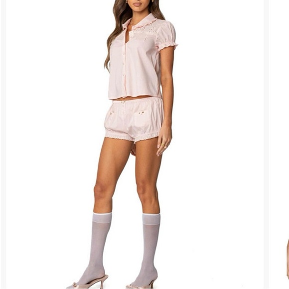 NWT Edikted Womens Massie Tailored Button Up Shirt and Matching Bottoms Pink - Picture 1 of 10